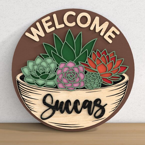 "Welcome Succas" Wooden Decorative Board - Beautiful Succulent Plant Decorative - Picture 1 of 1